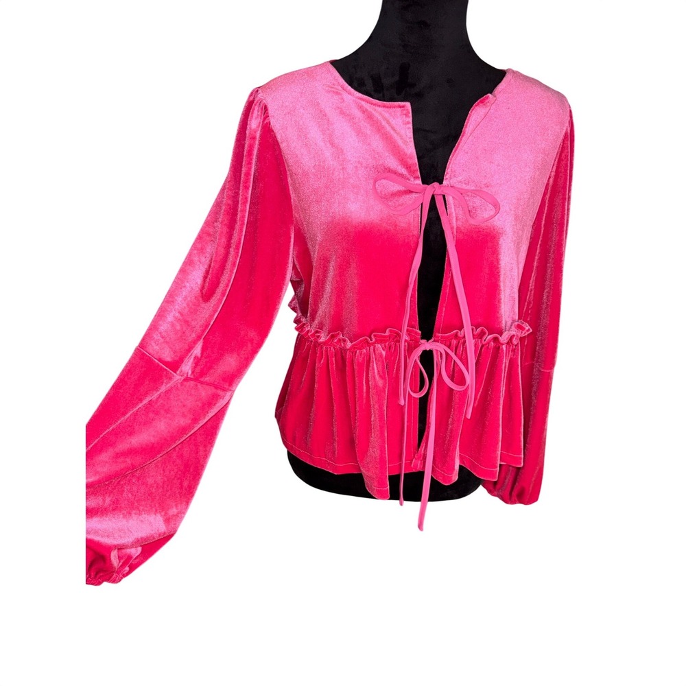 Pink Velvet Tie Front Poof Long Sleeve Ruffles Jacket/Kimono Ladies Medium